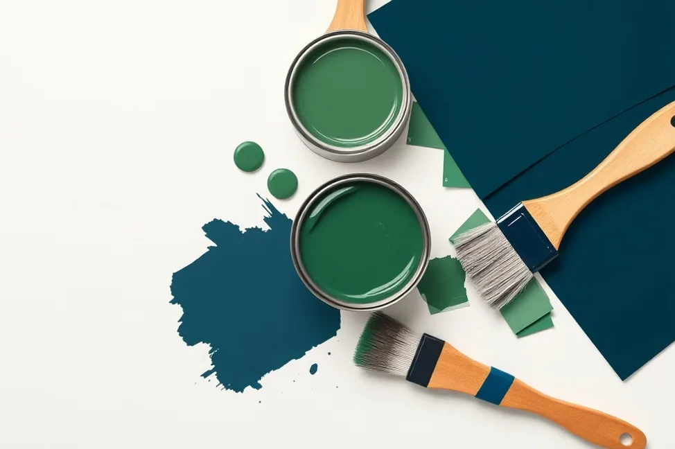 Pots de peinture, nuancier, brosses et rouleaux disposés à plat