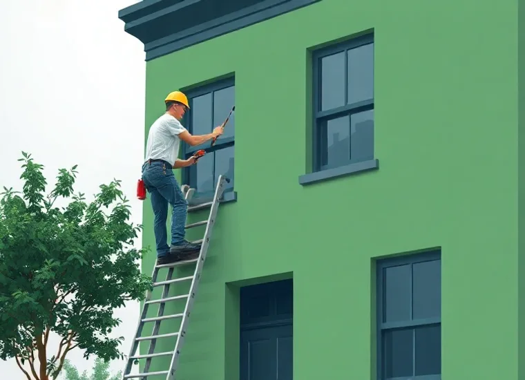 Peintre sur échafaudage traitant la façade d'une maison