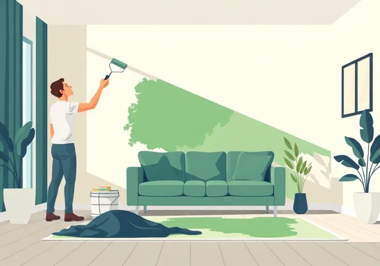 Peintre appliquant la peinture au rouleau sur un mur de salon